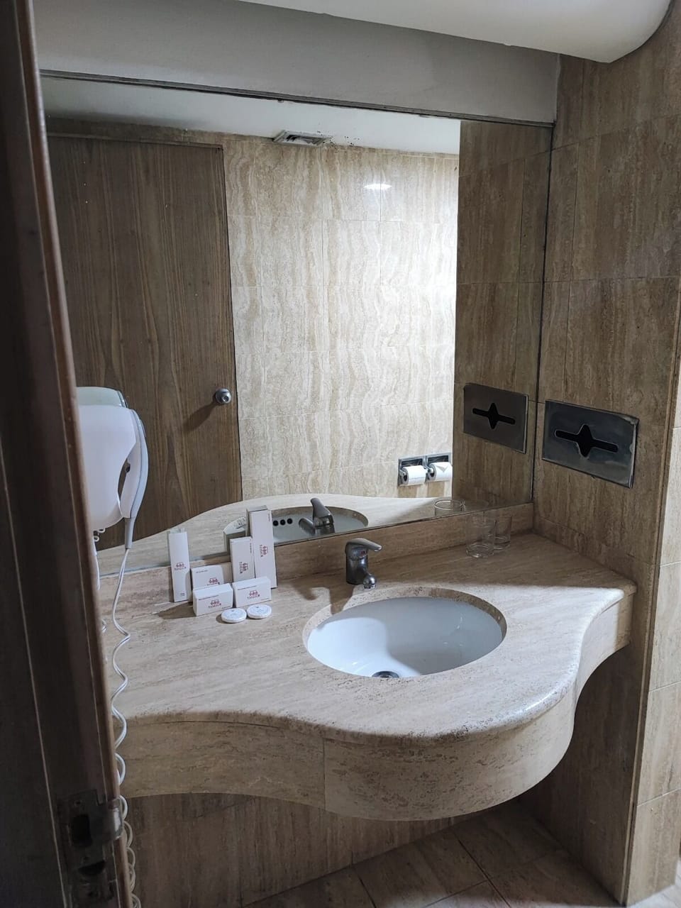 Shower, towels, soap, toilet paper