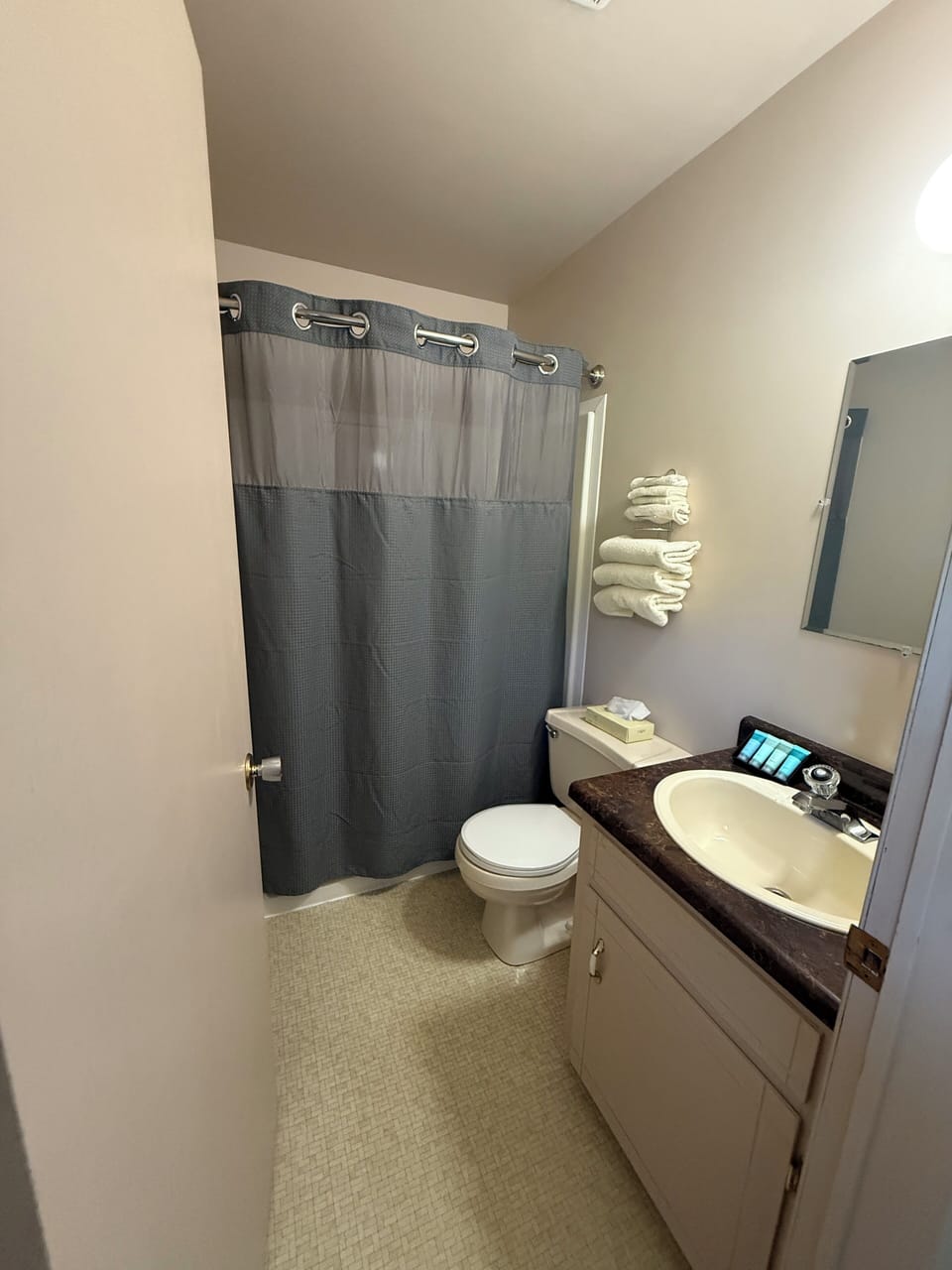 Combined shower/tub, free toiletries, hair dryer, towels