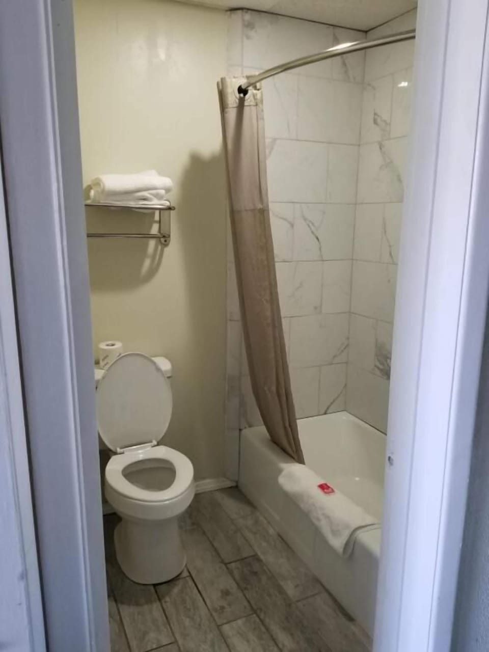 Hair dryer, towels, soap, shampoo