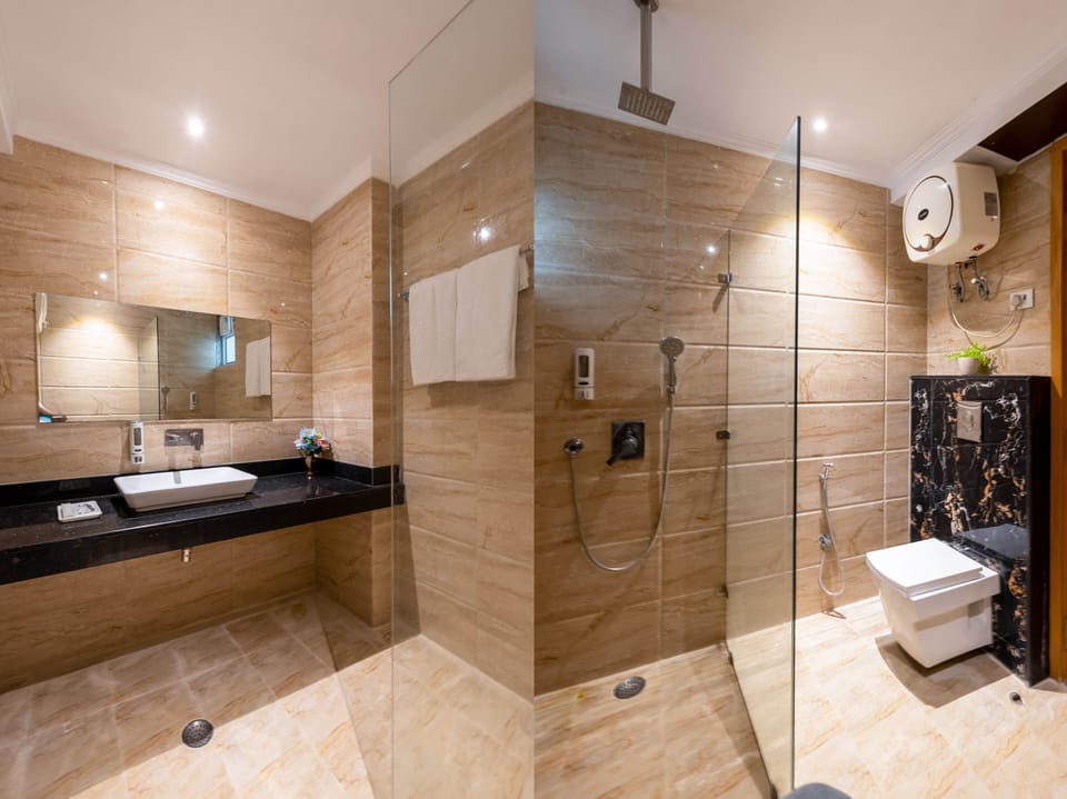 Shower, hydromassage showerhead, designer toiletries, hair dryer