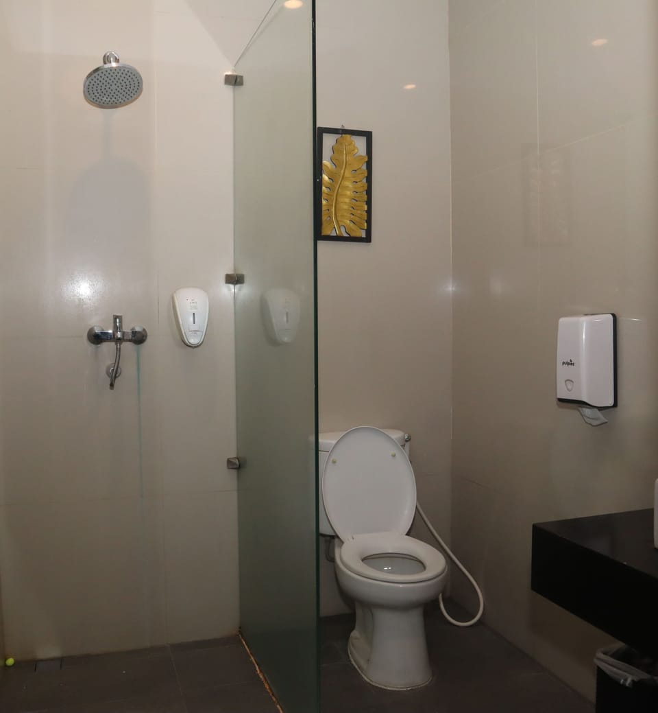 Shower, free toiletries, slippers, towels
