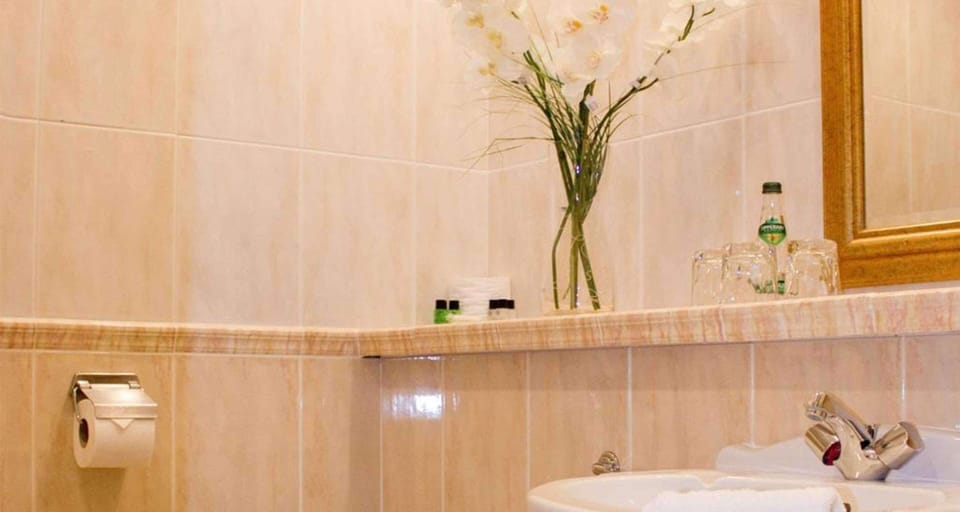 Combined shower/tub, designer toiletries, hair dryer, towels