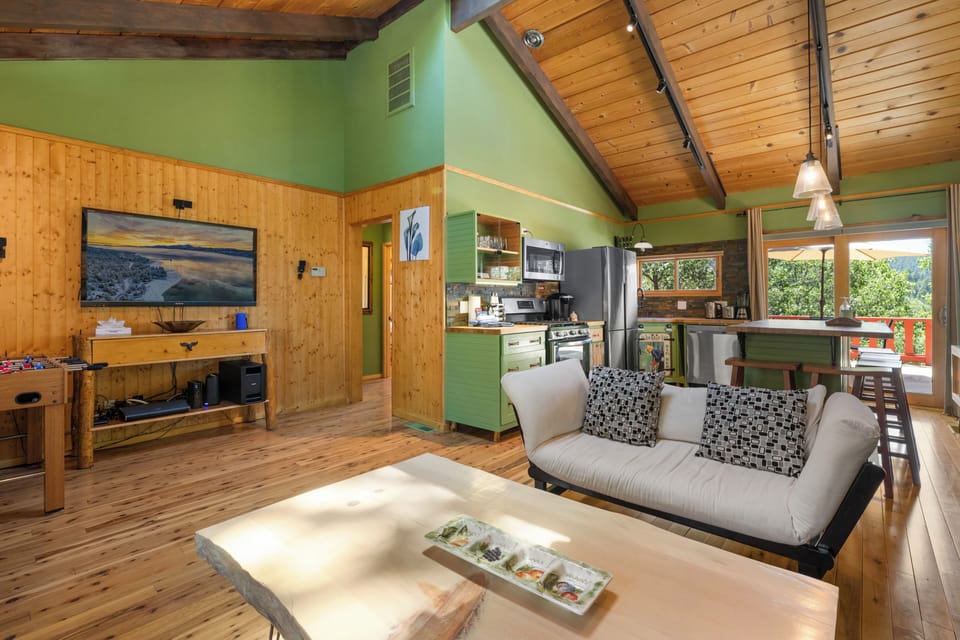 Flat-screen TV, fireplace