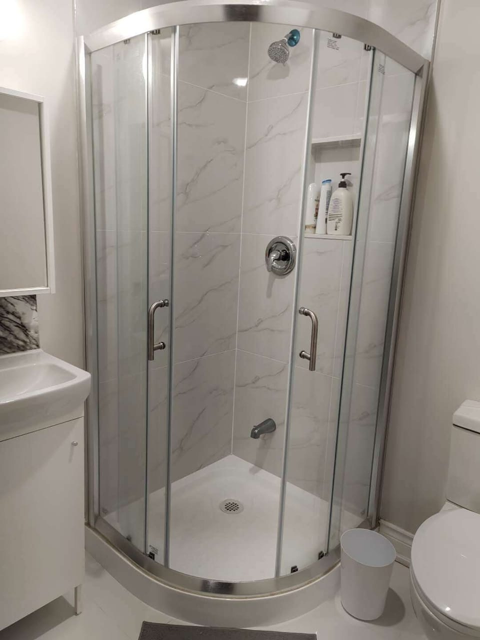 Shower, shampoo, toilet paper