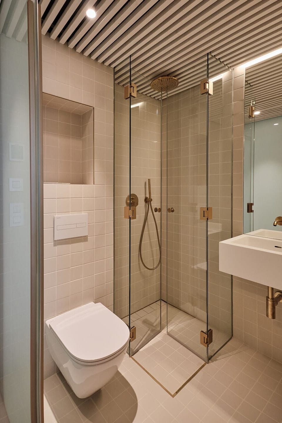 Shower, hair dryer, slippers, towels