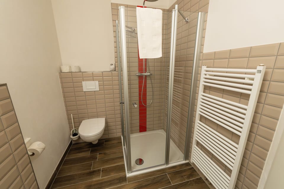 Shower, hair dryer, soap, shampoo