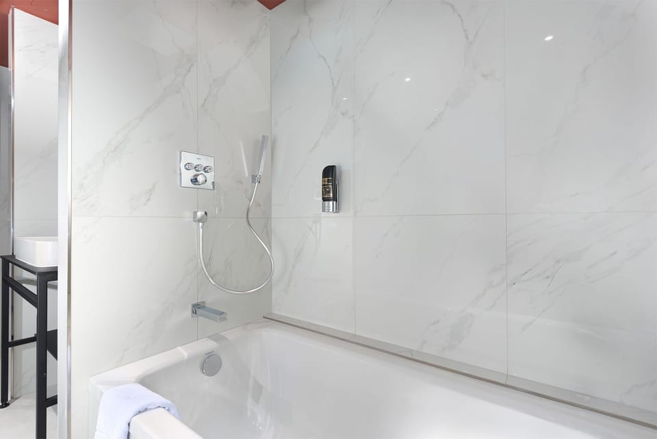 Hair dryer, towels, soap, shampoo