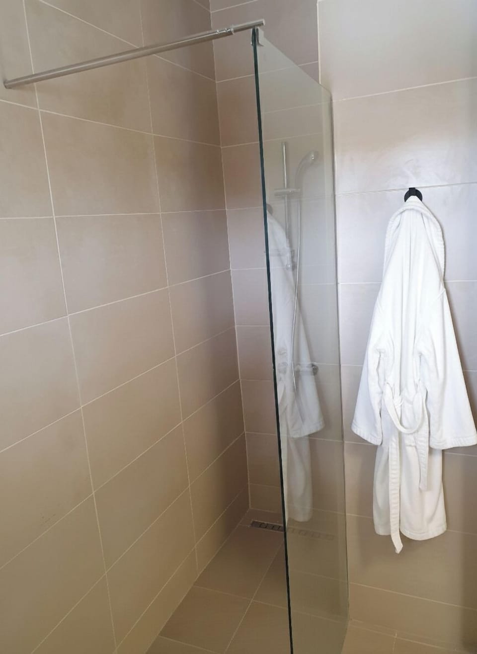 Shower, towels, soap, toilet paper
