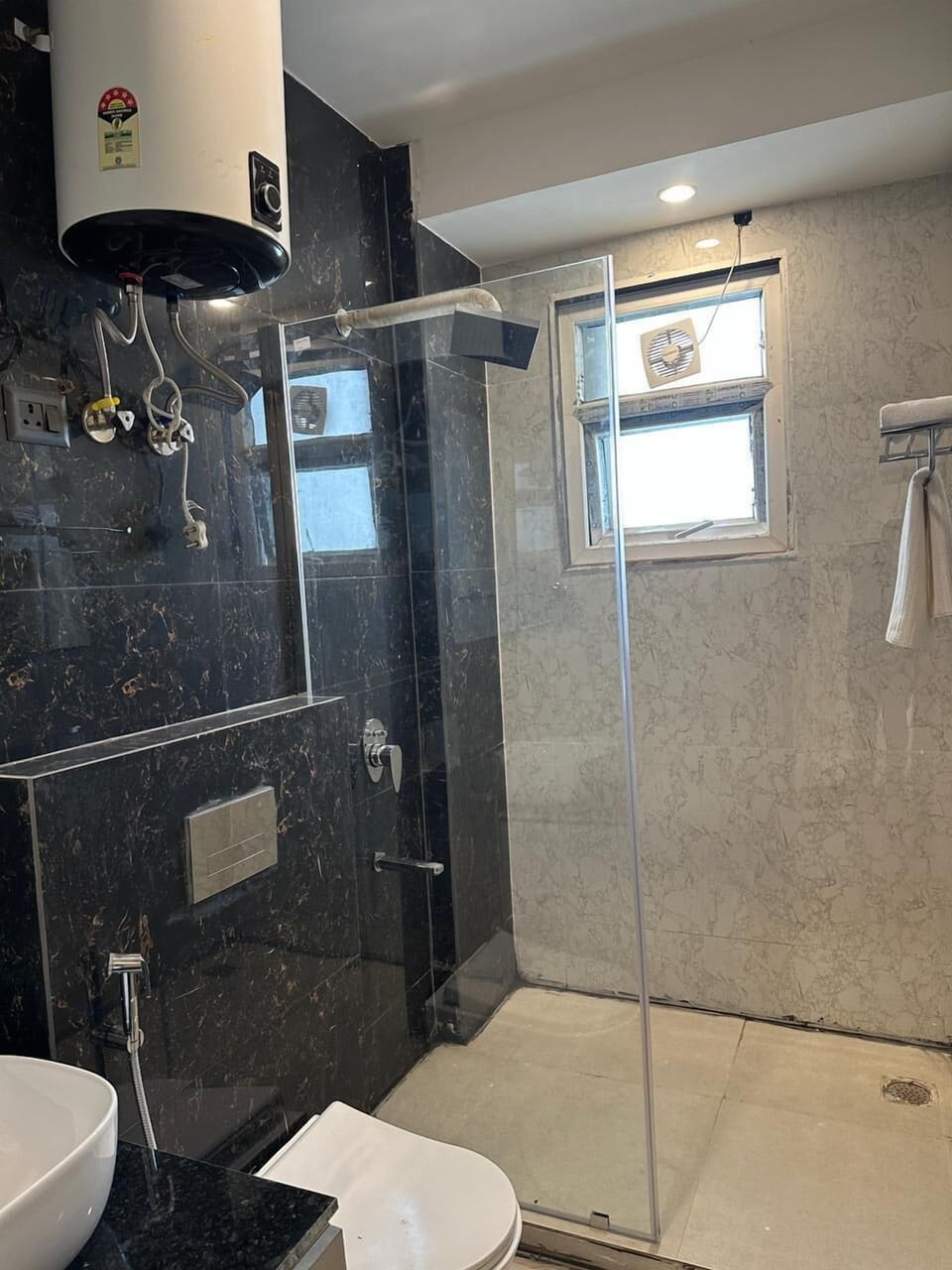 Shower, towels, soap, shampoo