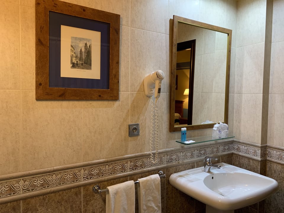 Combined shower/tub, free toiletries, hair dryer, bidet