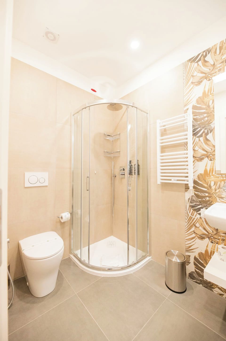 Shower, hair dryer, slippers, towels