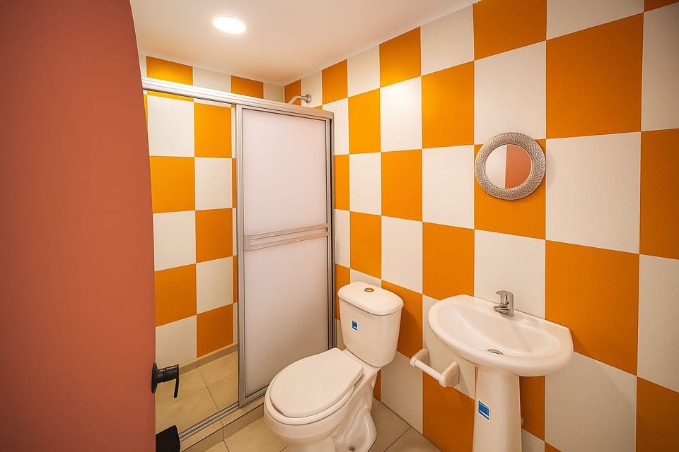 Shower, towels, soap, toilet paper