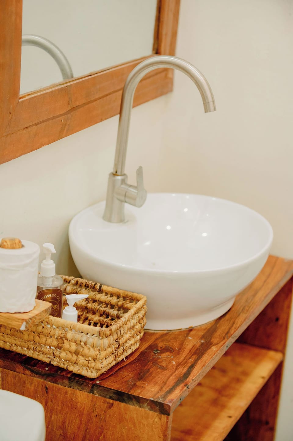 Shower, rainfall showerhead, slippers, towels