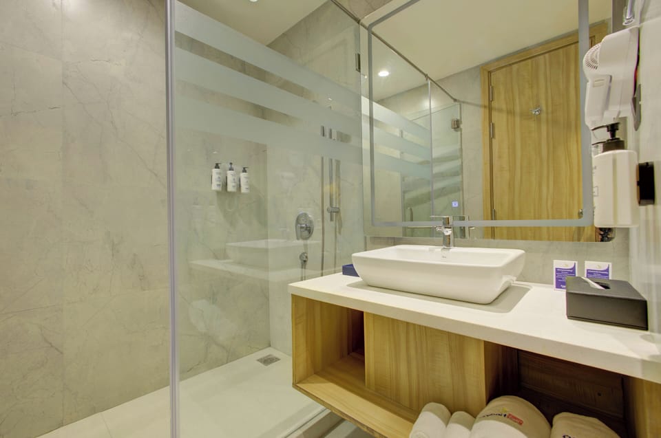 Suite | Bathroom | Shower, hair dryer, slippers, soap