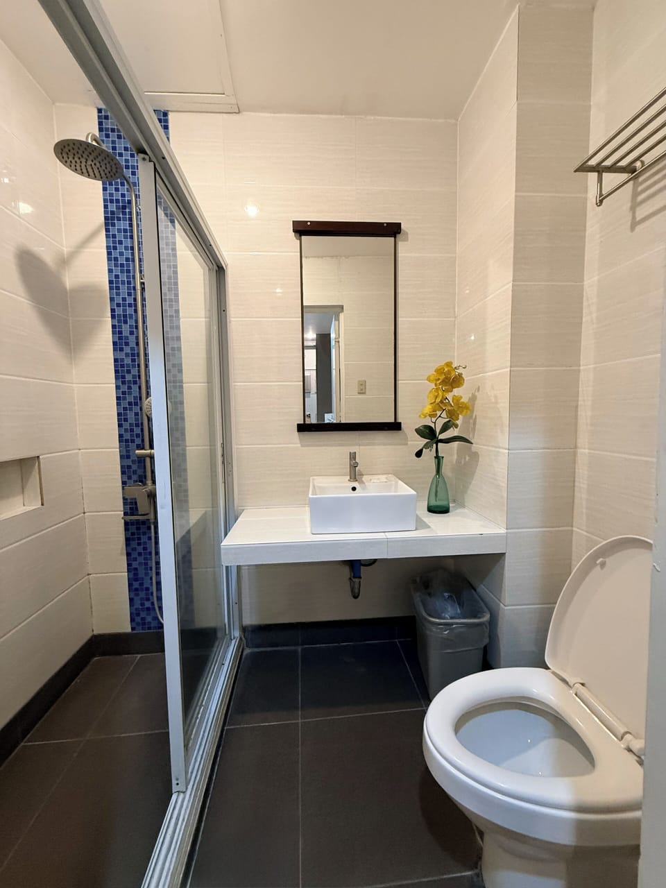 Shower, towels, soap, toilet paper