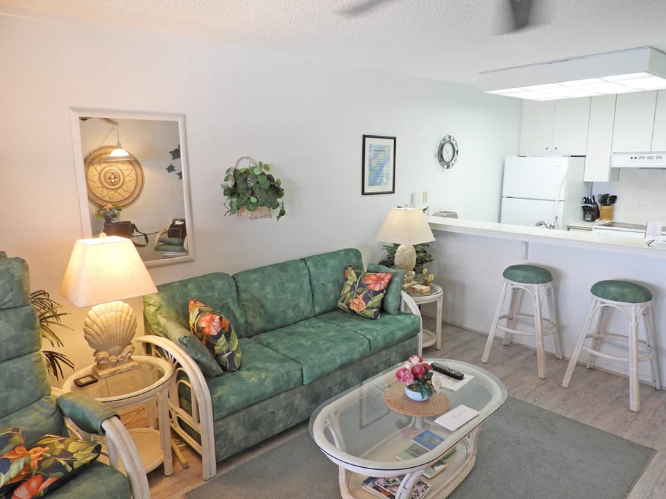 Condo, 1 King Bed with Sofa bed, Lanai, Ocean View (Kona Reef D37) | Living area | 42-inch flat-screen TV with digital channels