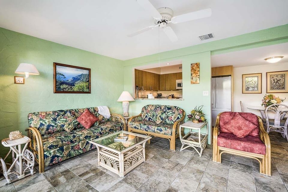 Condo, 1 King Bed with Sofa bed, Lanai, Partial Ocean View (Casa de Emdeko 216) | Living area | 42-inch flat-screen TV with digital channels