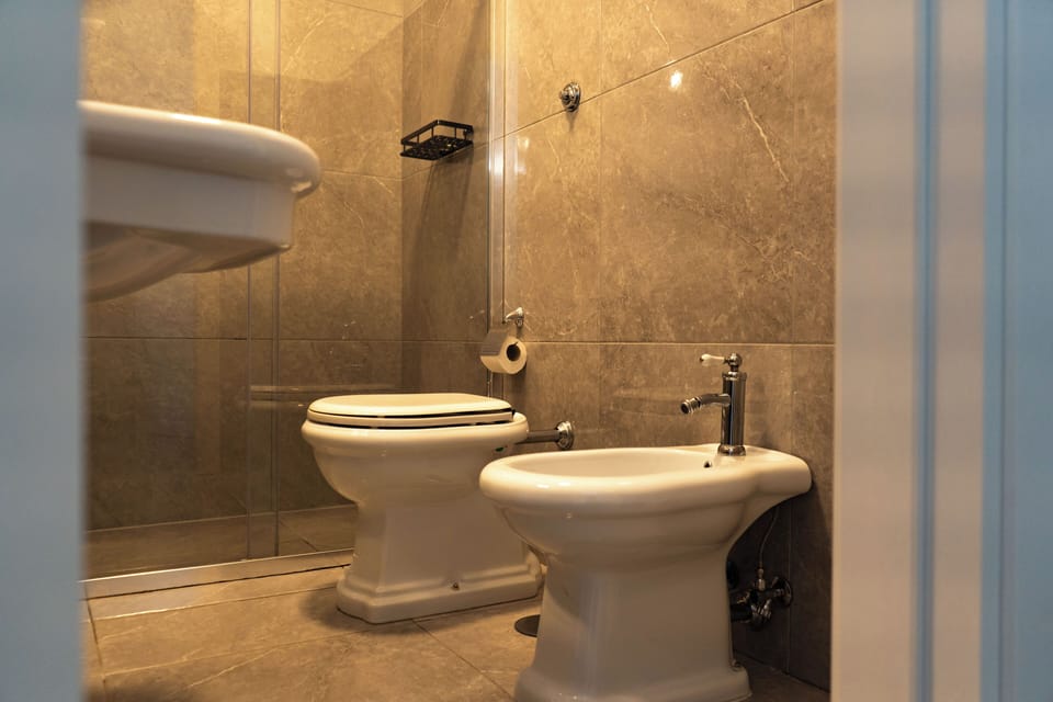 Shower, rainfall showerhead, free toiletries, hair dryer