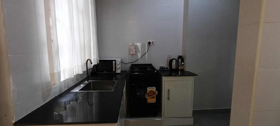 Microwave, stovetop, cookware/dishes/utensils, cleaning supplies