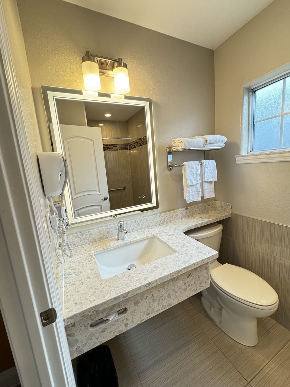 Shower, free toiletries, hair dryer, towels