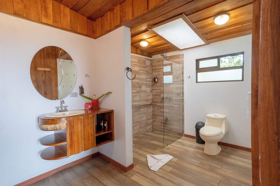 Shower, rainfall showerhead, free toiletries, towels