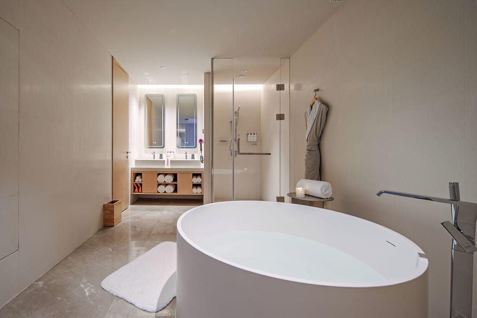 Hair dryer, slippers, towels