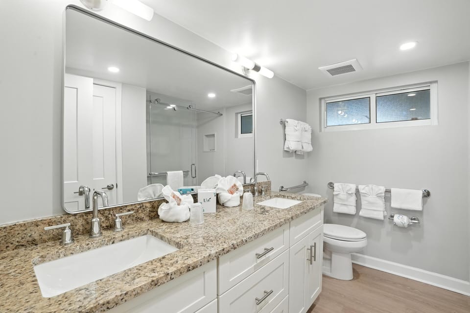 Hair dryer, towels, soap, shampoo