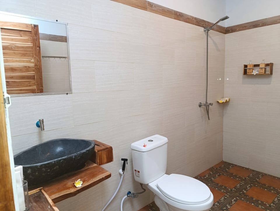 Shower, free toiletries, hair dryer, towels
