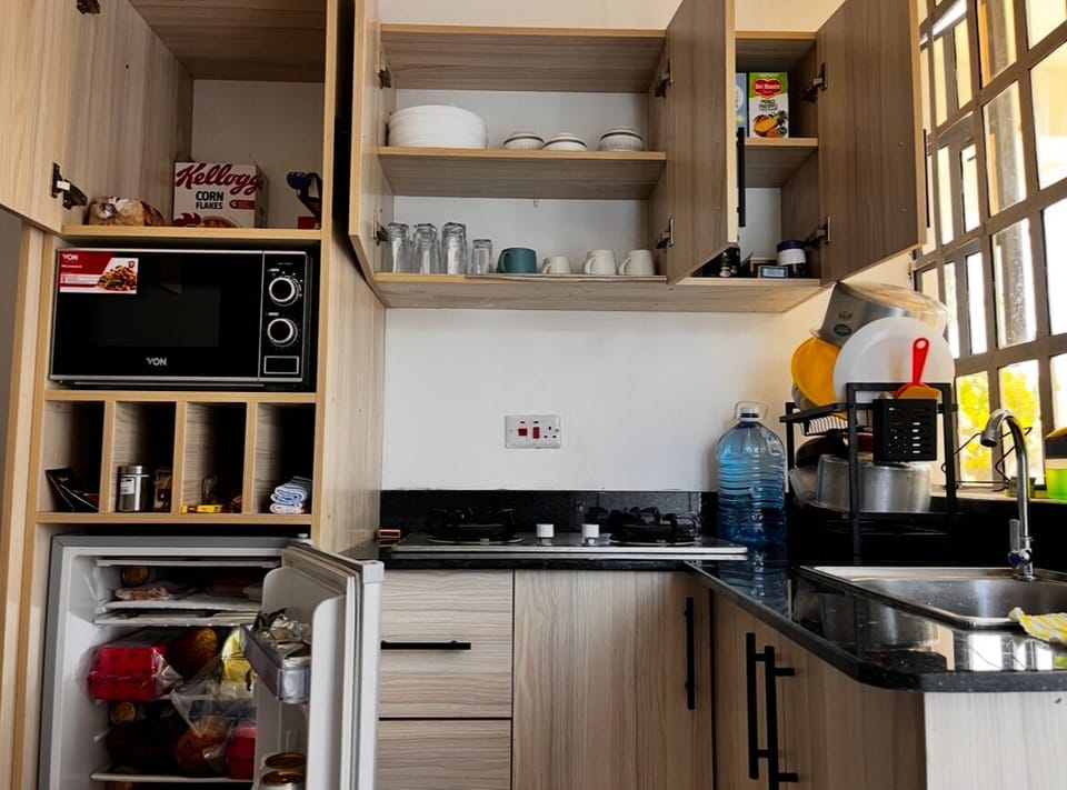 Deluxe Apartment, City View | Private kitchen | Fridge, microwave, cookware/dishes/utensils