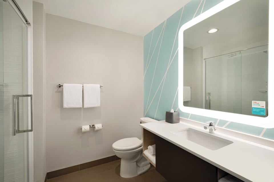 Hydromassage showerhead, hair dryer, towels, soap