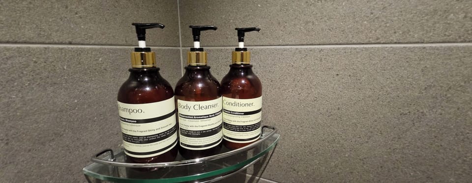 Shower, hair dryer, slippers, towels
