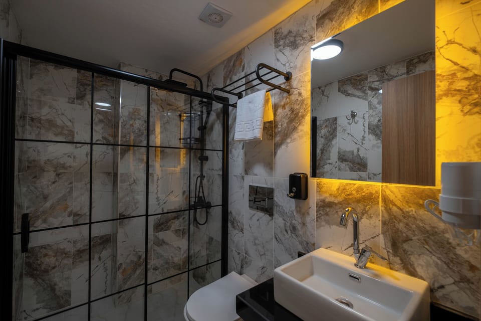 Shower, free toiletries, hair dryer, slippers