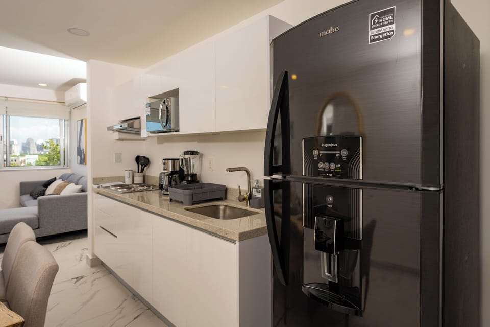 Comfort Apartment, 2 Bedrooms, City View (401) | Private kitchen | Full-size fridge, microwave, stovetop, coffee/tea maker