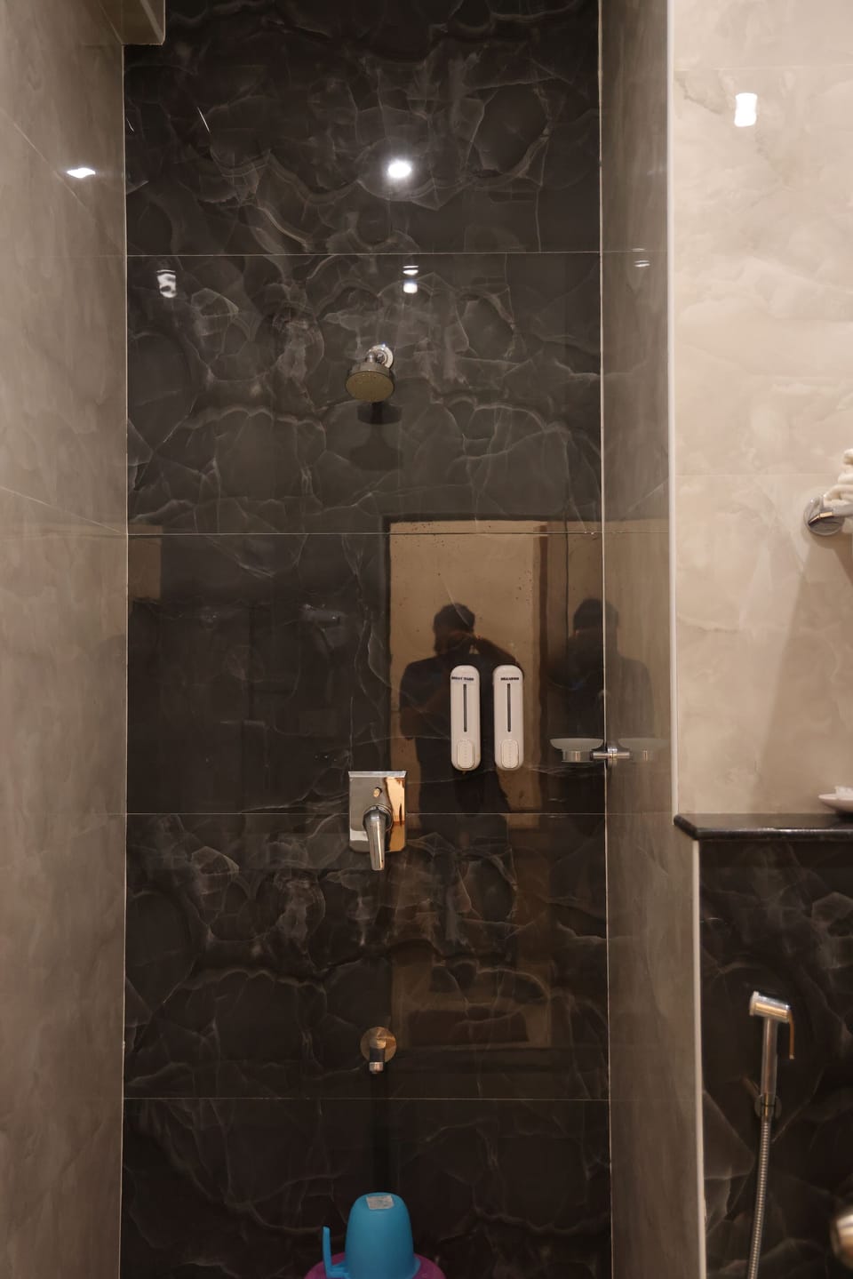 Shower, hair dryer, towels, shampoo