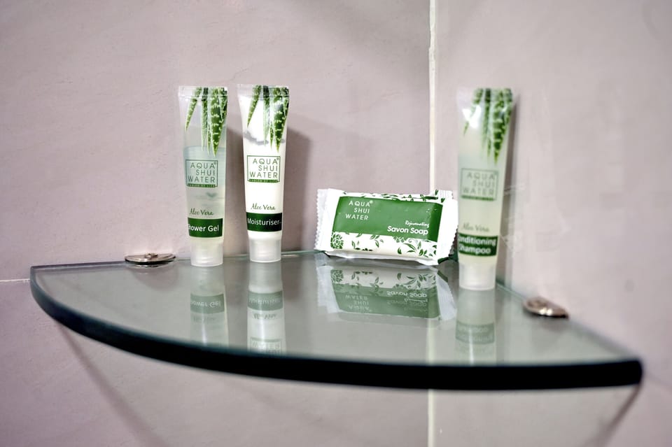 Shower, rainfall showerhead, free toiletries, hair dryer