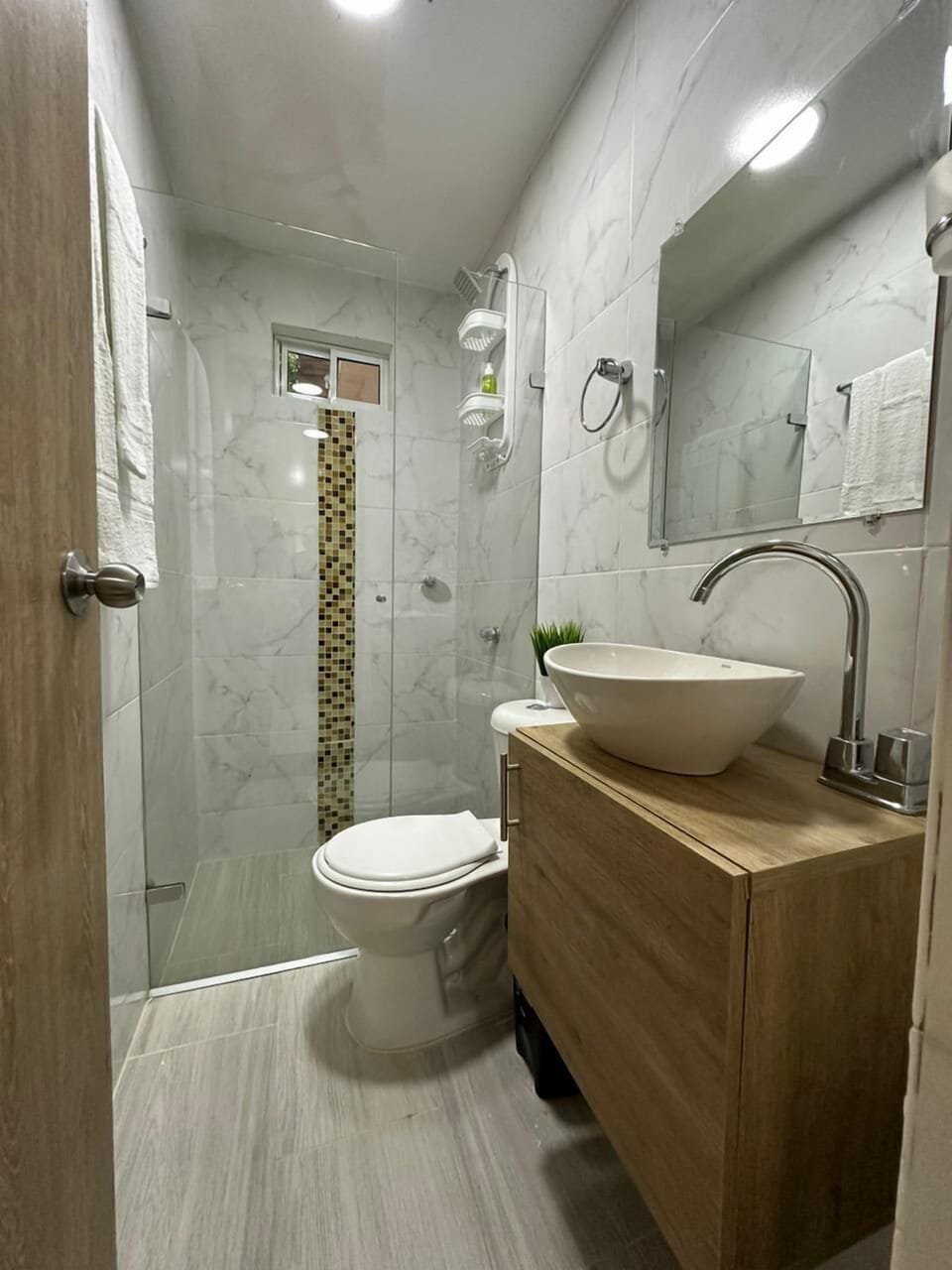 Shower, towels, soap, toilet paper
