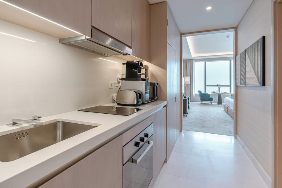 Luxury Studio, Sea View | Private kitchen | Full-size fridge, microwave, oven, stovetop