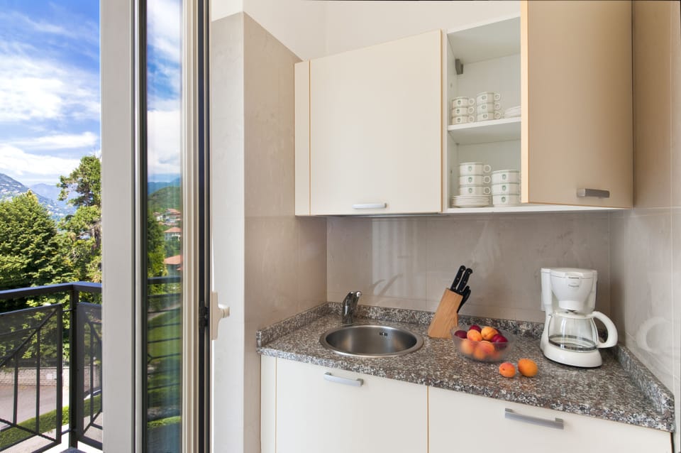 Two-Room Apartment (3/4 Persons) with 1 sofa bed, partial lake view | Private kitchen | Full-size fridge, microwave, stovetop, coffee/tea maker