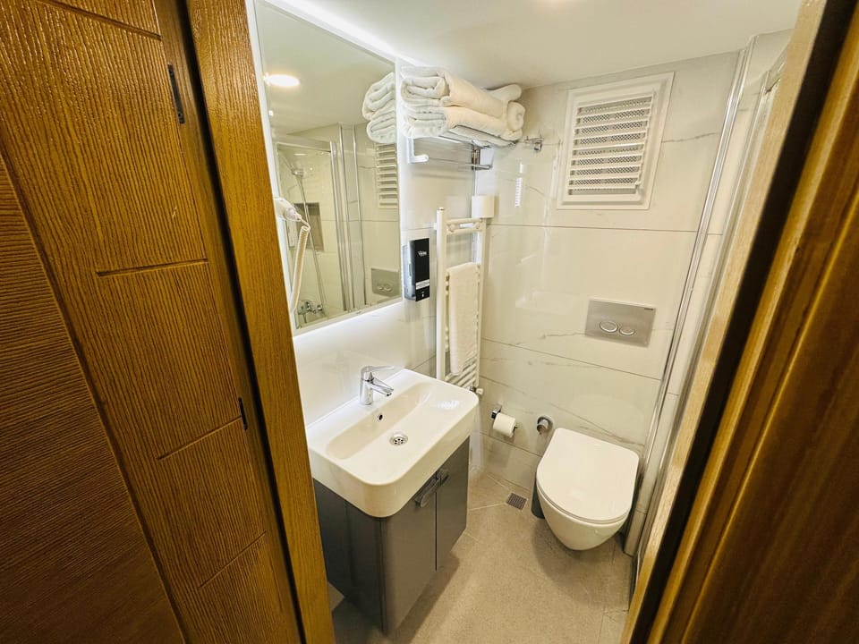Superior Twin Room | Bathroom | Shower, hair dryer, slippers, towels