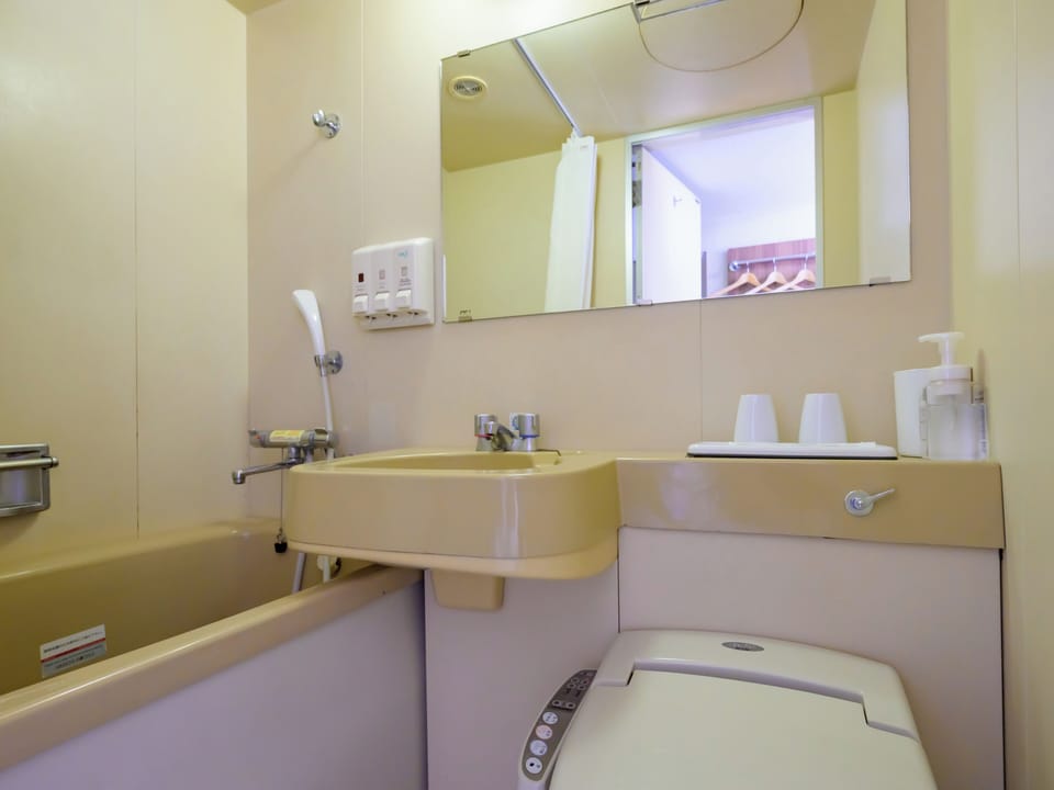 Combined shower/tub, free toiletries, hair dryer, slippers