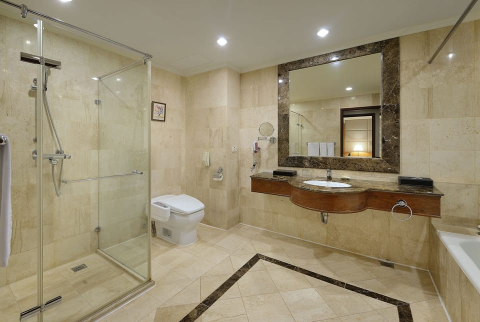 Deluxe Suite | Bathroom | Separate tub and shower, hair dryer, bathrobes, slippers