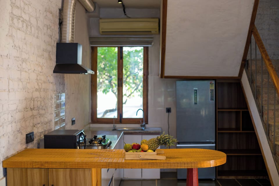 Fridge, microwave, cookware/dishes/utensils