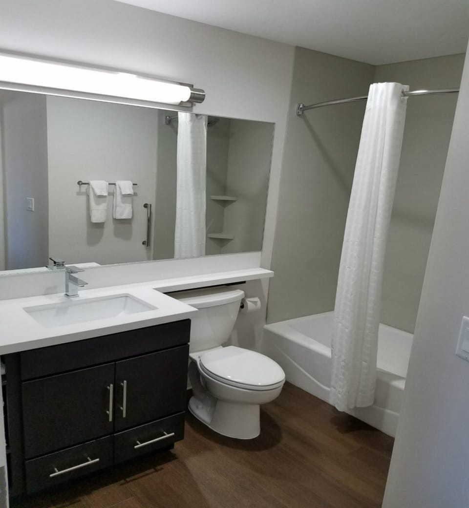 Combined shower/tub, hair dryer, towels