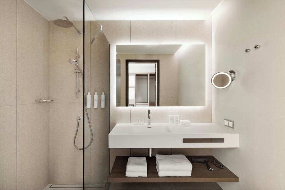 Hair dryer, towels, soap, shampoo