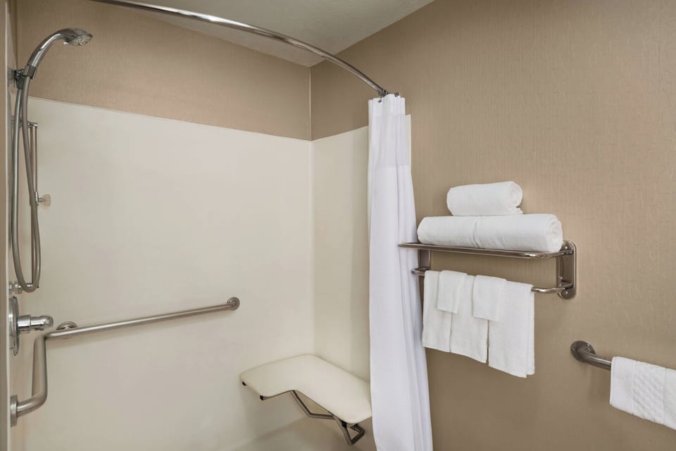 Combined shower/tub, free toiletries, hair dryer, towels