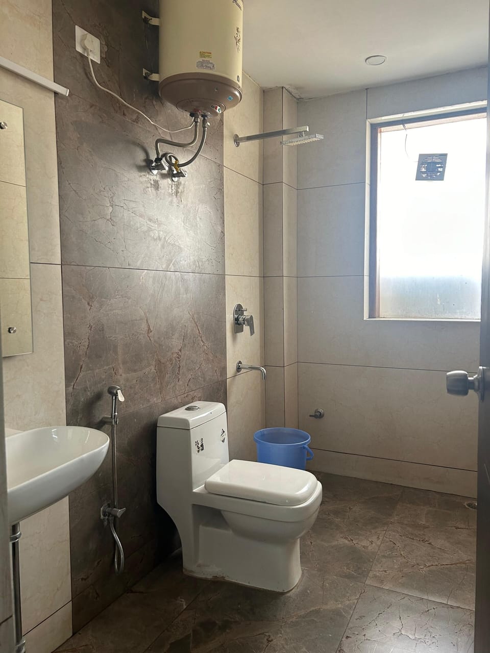 Shower, slippers, towels, soap