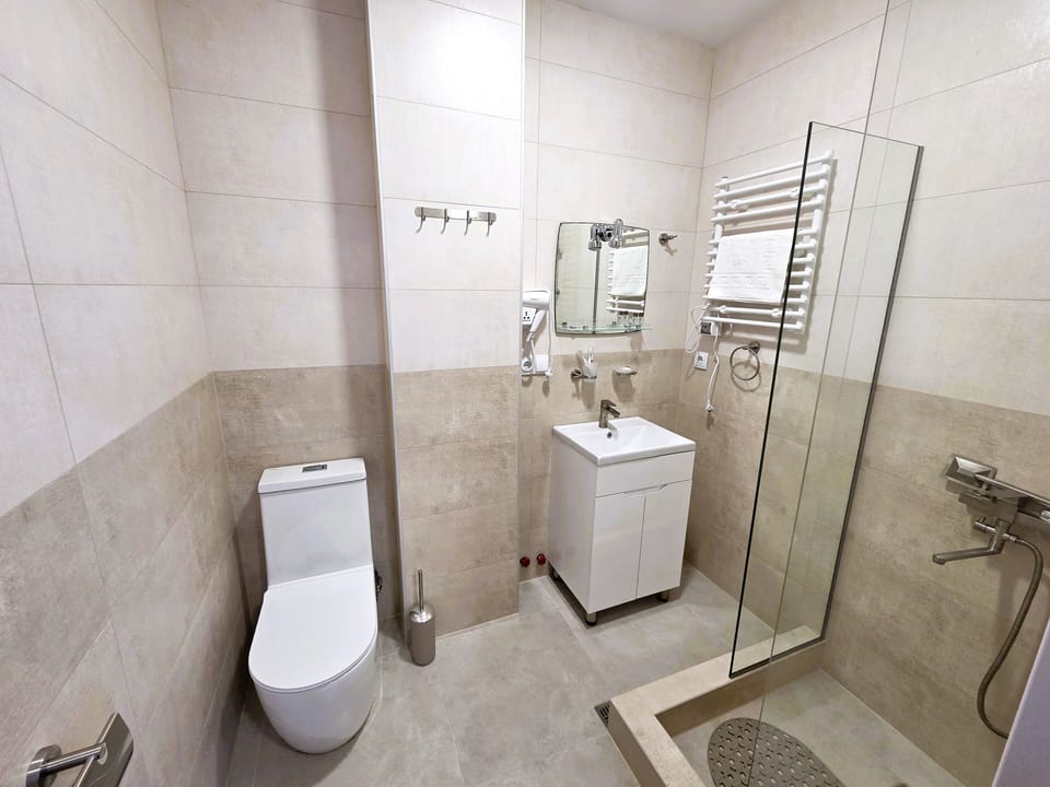 Twin Room | Bathroom | Shower, hair dryer, slippers, towels
