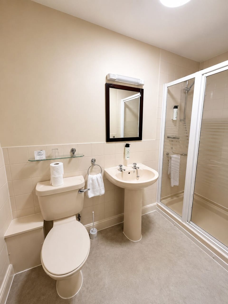 Combined shower/tub, towels, soap, shampoo