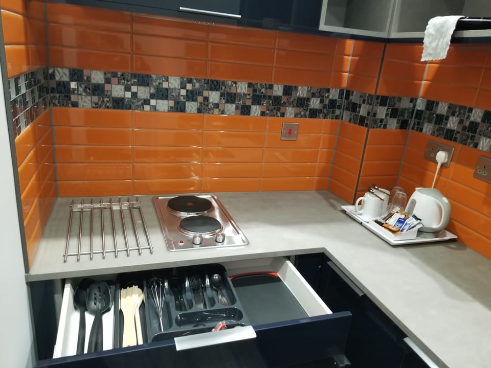 Fridge, microwave, electric kettle