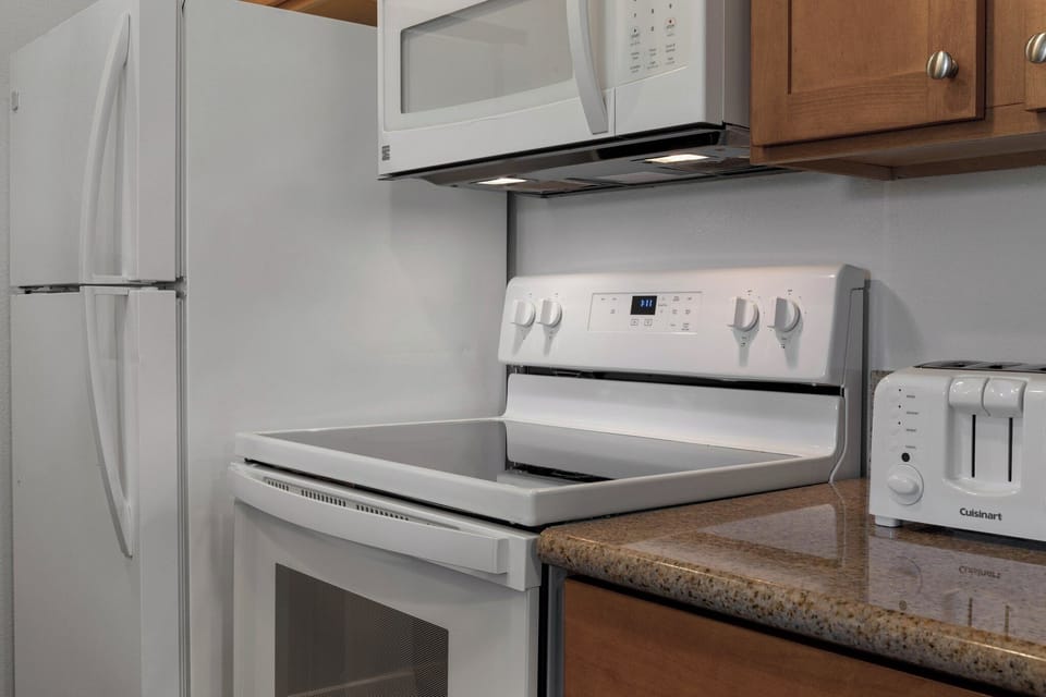 Full-size fridge, microwave, oven, stovetop